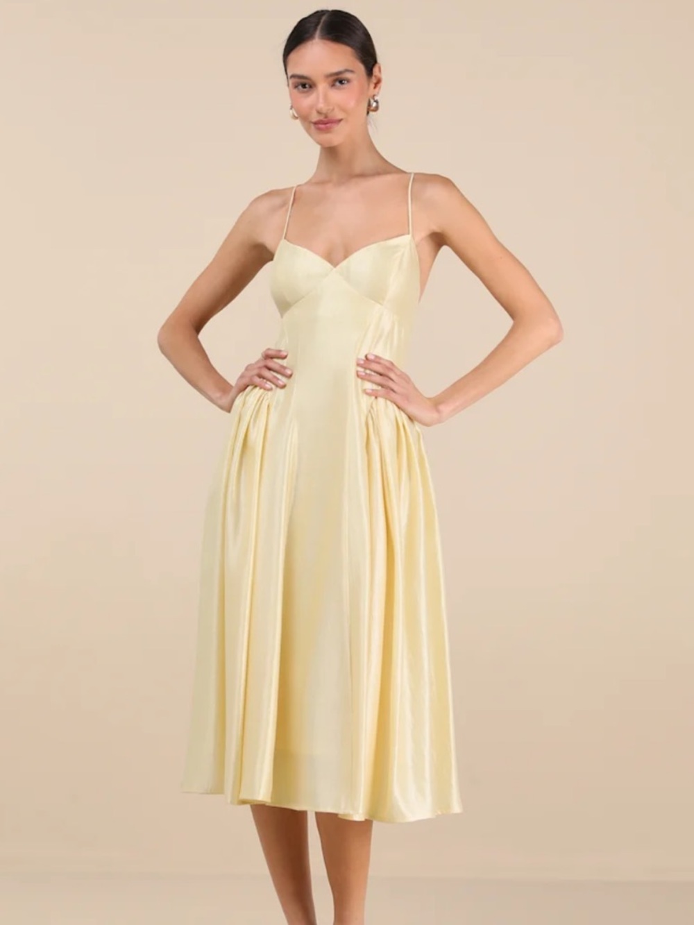 Lulu's Pale Yellow Satin Spaghetti-Strap Midi Dress
